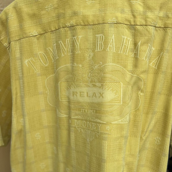 Tommy Bahama Men's Silk Camp Shirt Relax It's Only Money, Mustard Yellow Medium - Picture 3 of 6